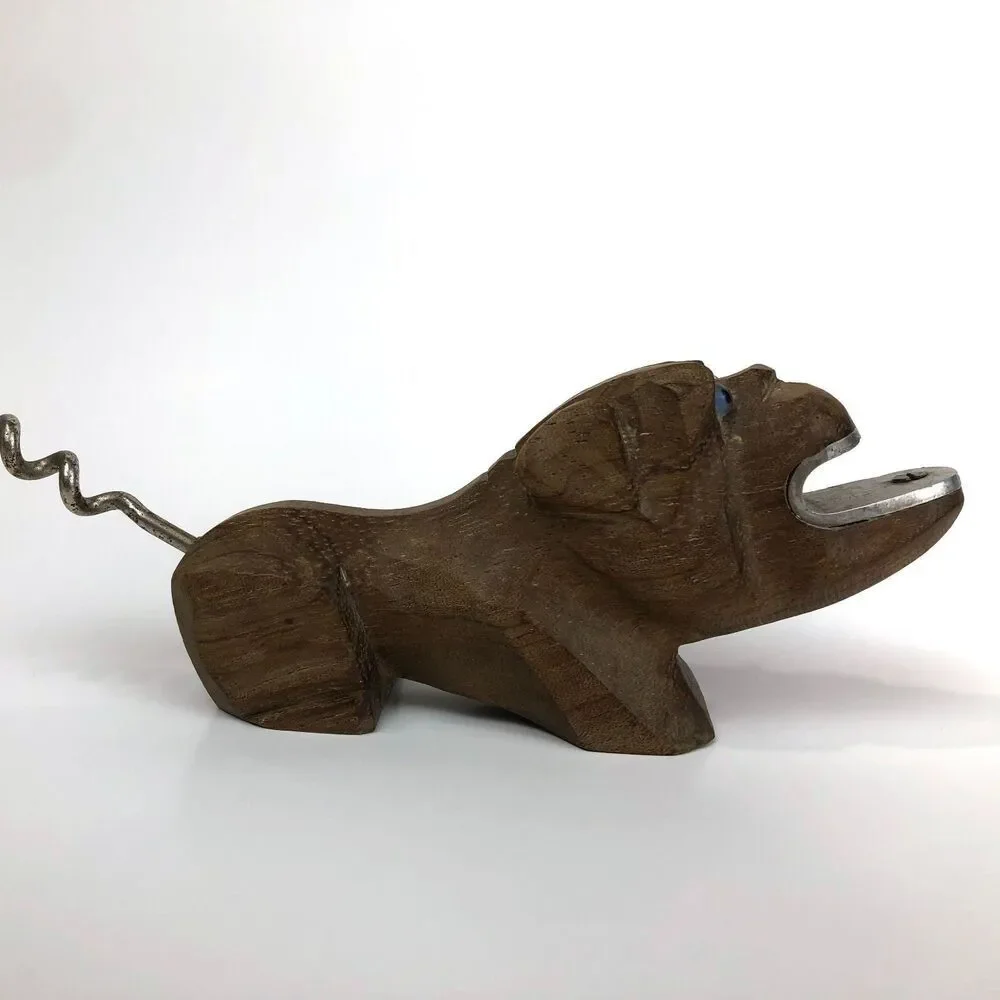 VTG Bulldog Bottle Opener  Corkscrew Hand Carved Wood France Blue Glass Eyes